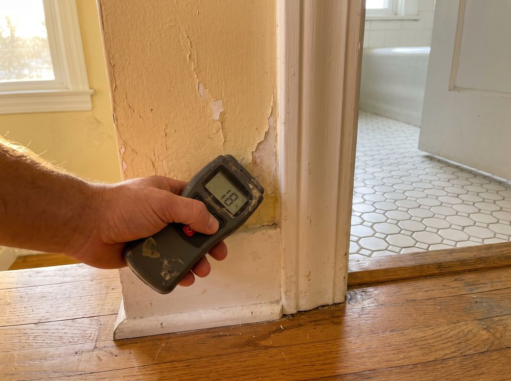 A pin moisture meter pressed into a plaster wall above the baseboard, beside a bathroom doorway with bubbled, peeling paint