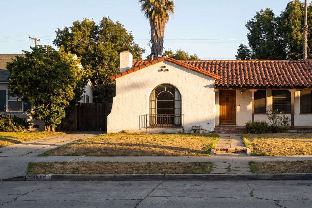 A single-story Spanish revival house with white stucco, a clay tile roof and an arched front window, seen from across a quiet street