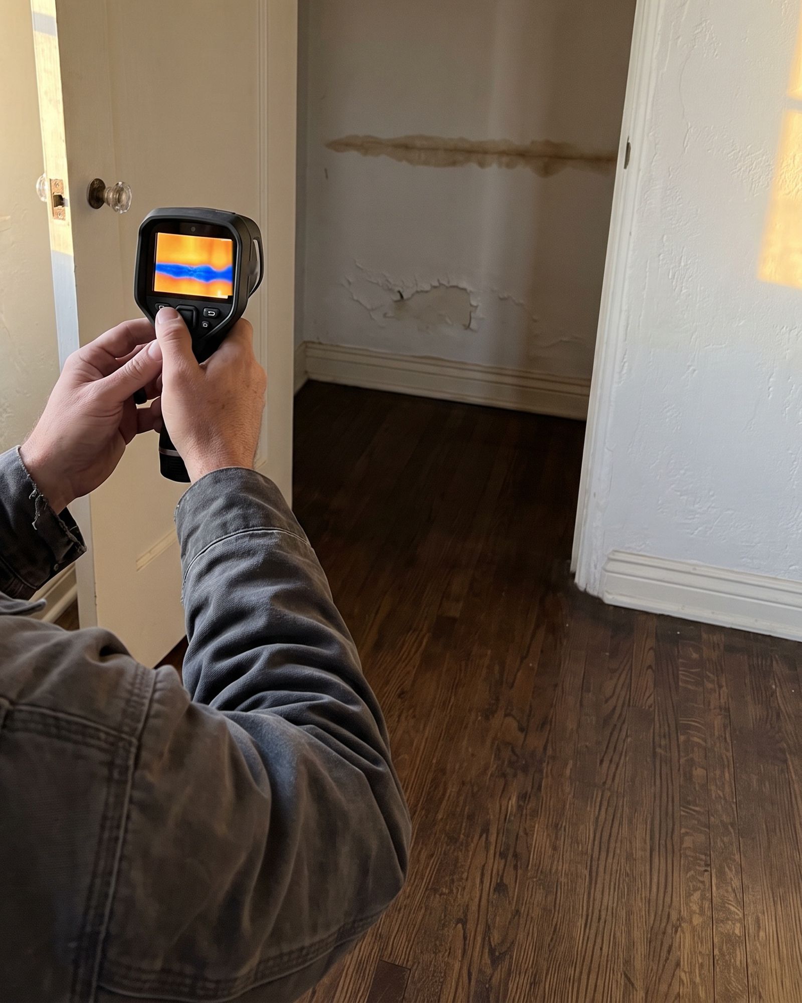 Hands holding a thermal camera toward a closet wall with a brown tide-line stain and peeling paint, the screen showing a cold band at the same height